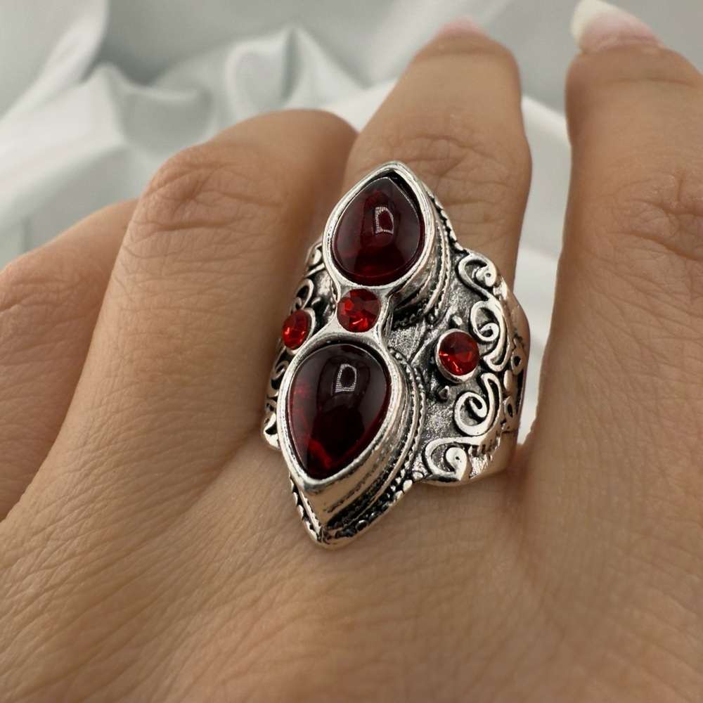 Anthropologie Vintage Silver Ring with Deep Red Accents